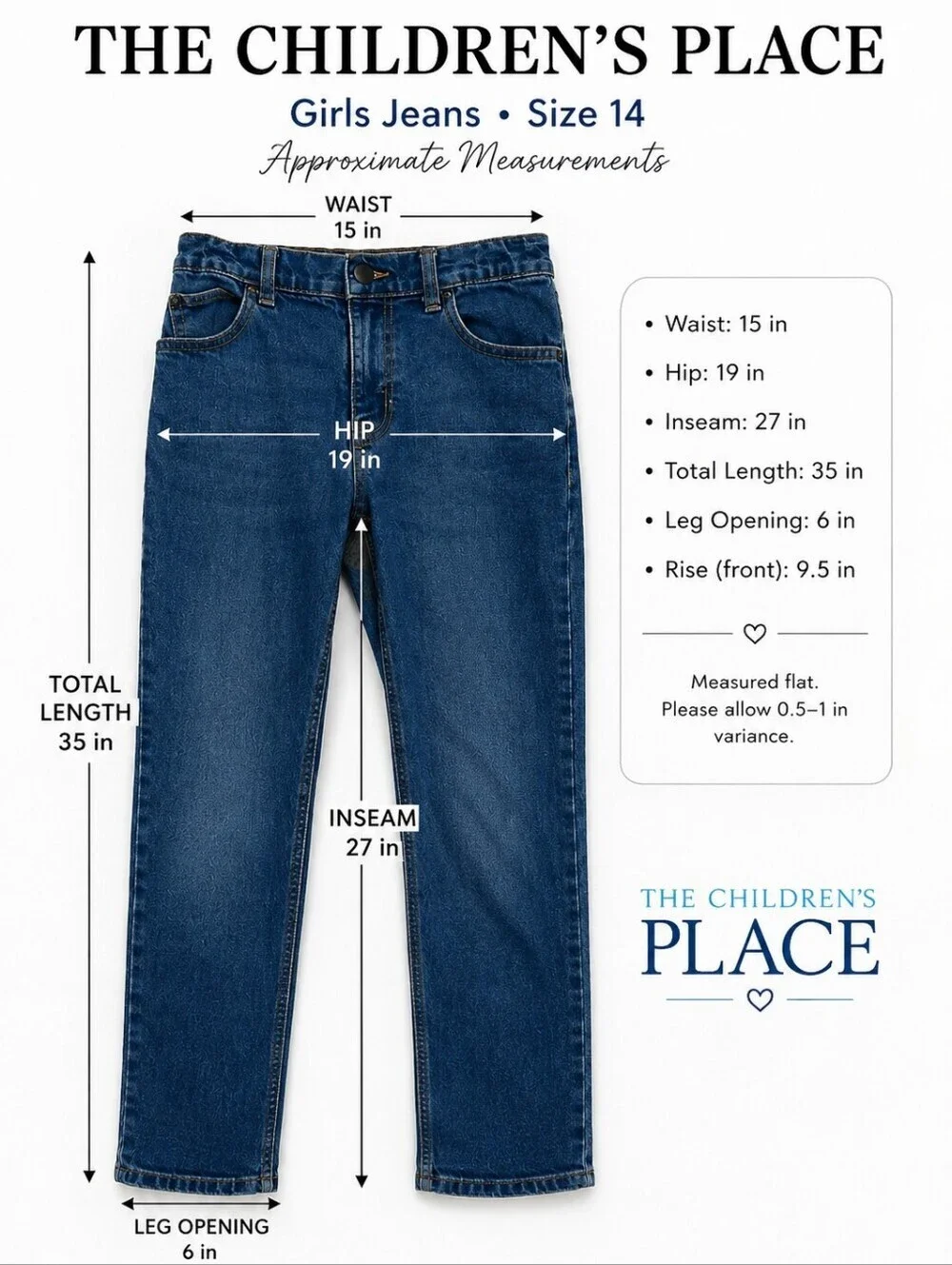 The Children’s Place Girls Blue Straight-Leg Jeans Size 14